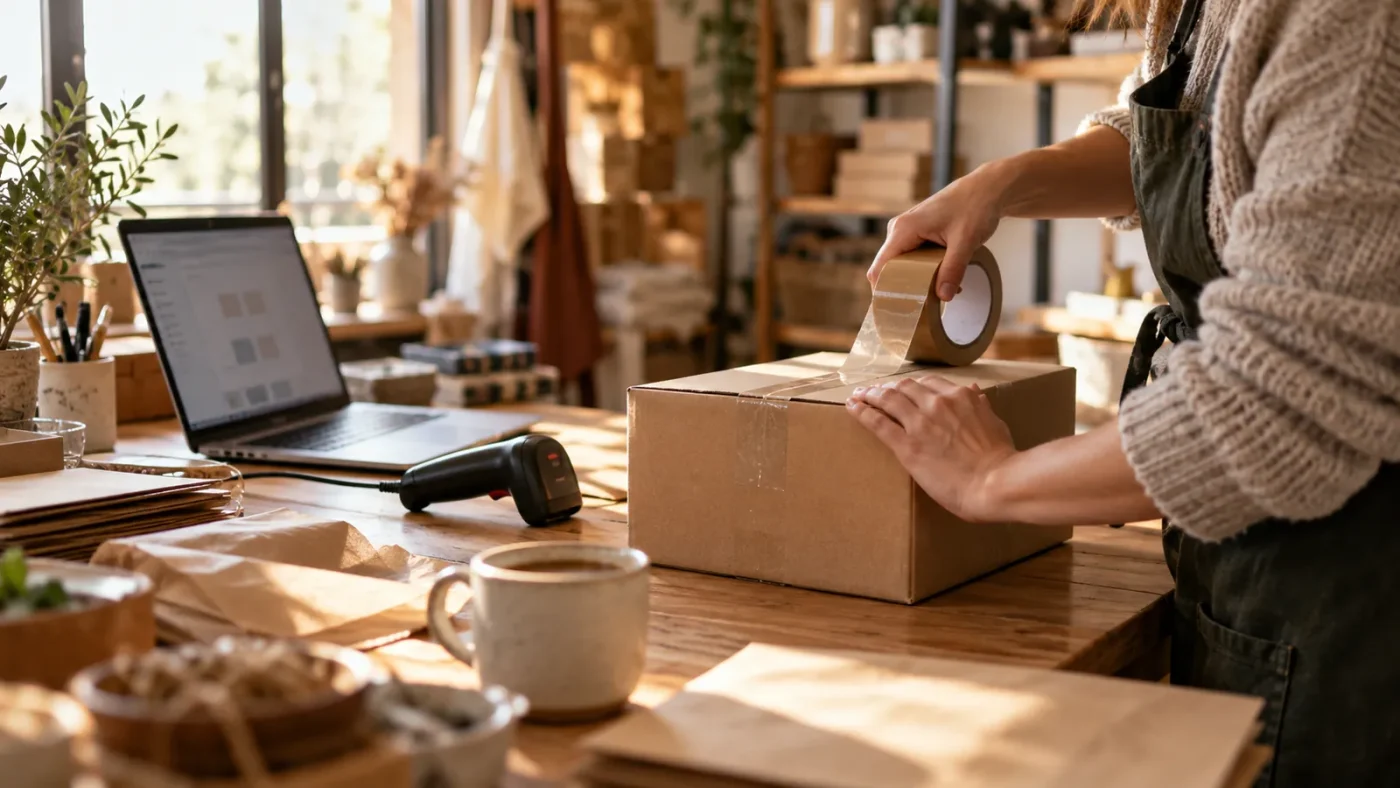Küçük bir butik atölyesinde kargo kutusu bantlayan eller – WooCommerce Kargo Ayarları