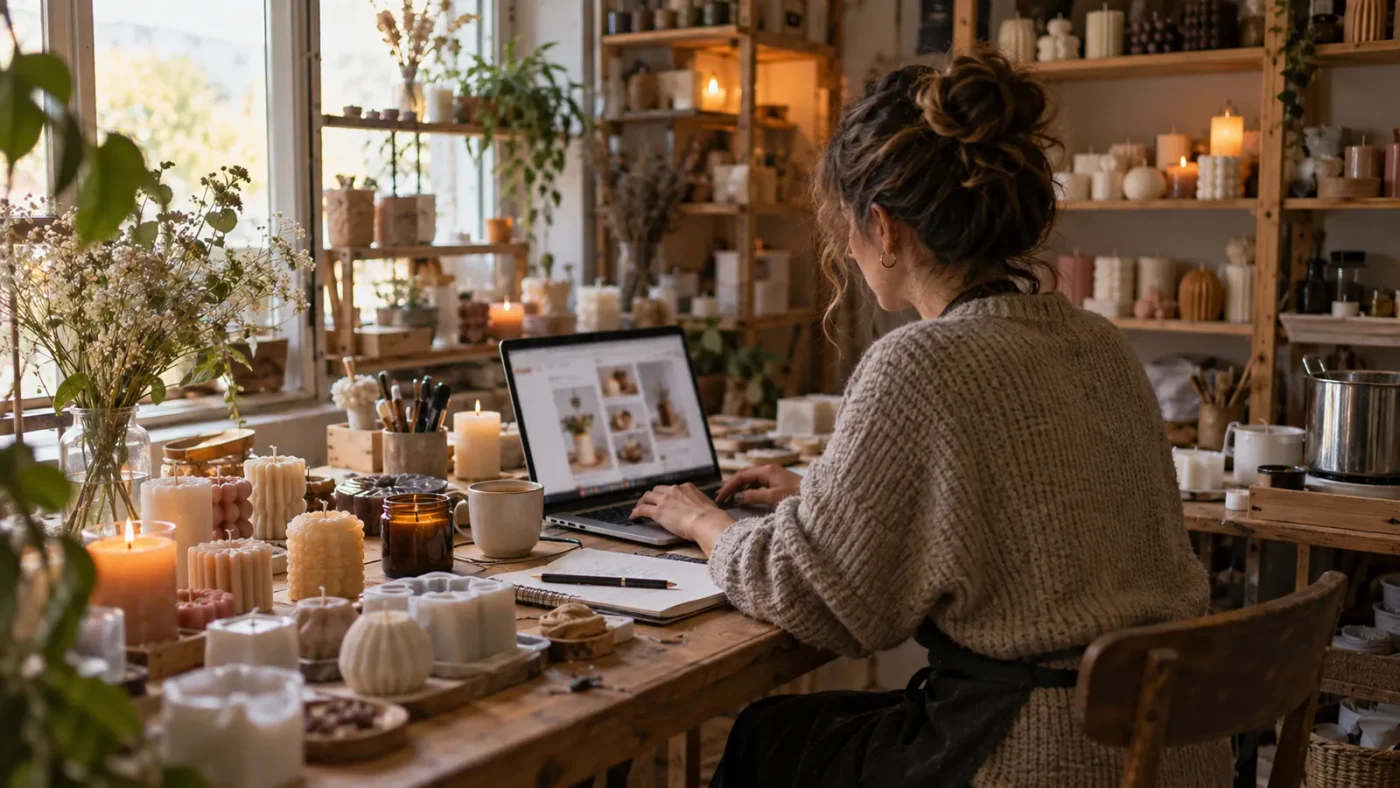 Küçük bir el yapımı mum atölyesinde sahibi dizüstünde mağazasını hazırlıyor – WooCommerce Nedir, Nasıl Kurulur