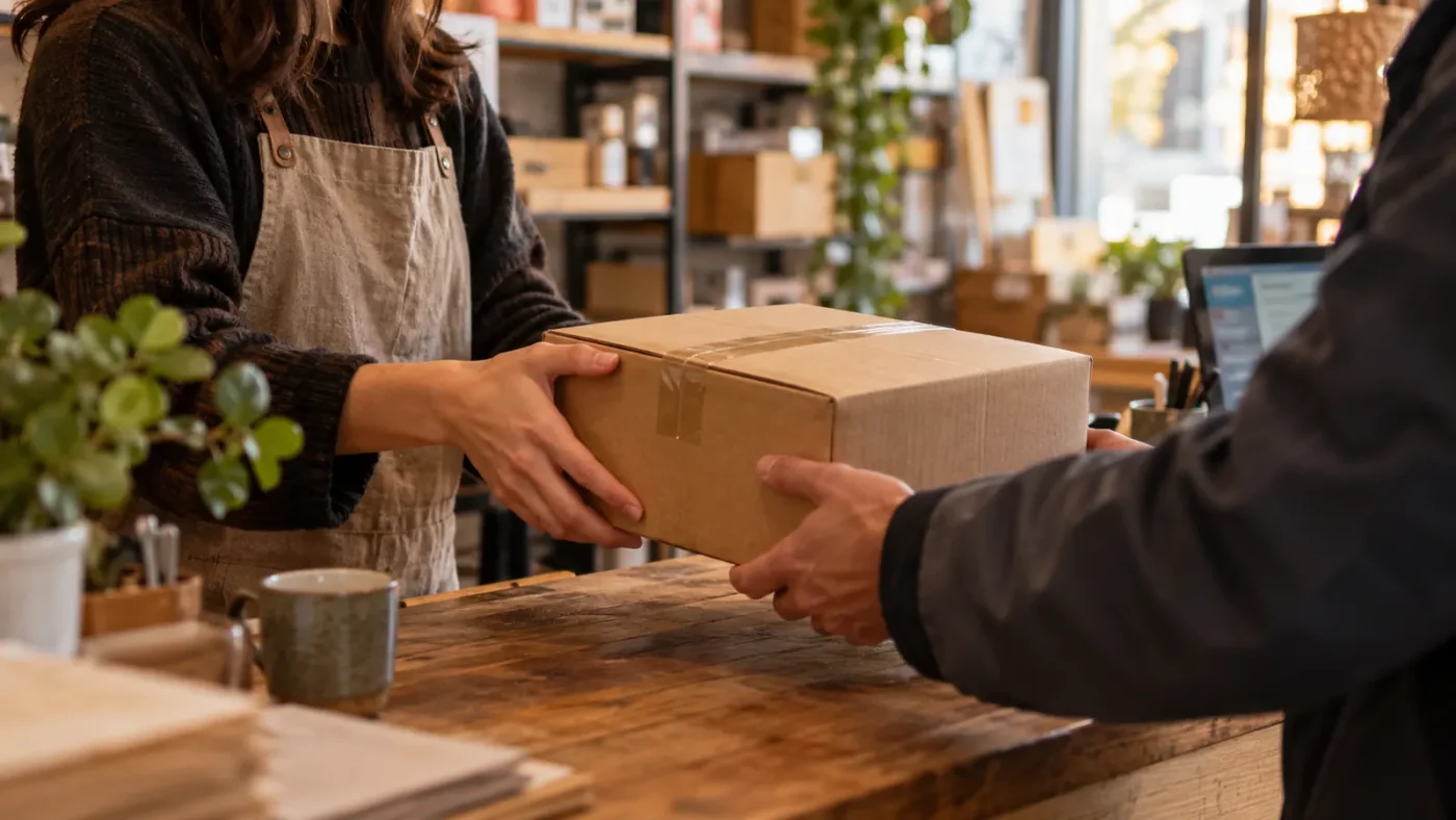 Bir kargo şubesi bankosunda paket teslim eden eller – WooCommerce Ücretsiz Kargo Seçildiğinde Sabit Fiyatı Kaldırma