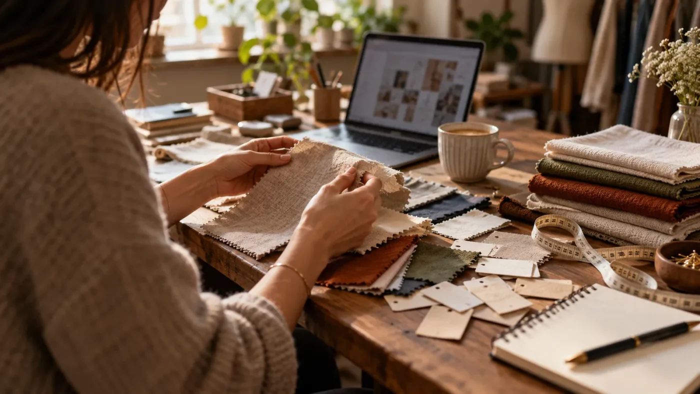 Masada kumaş numuneleri, yazısız kumaş etiketleri, ölçü bandı ve defter – WooCommerce E-Ticaret Eğitimi