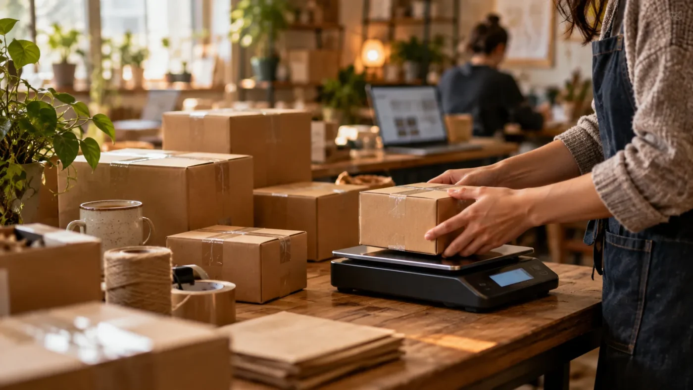 Bir masada farklı boyutlarda kargo kutuları sıralanmış – WooCommerce Kargo Ayarları