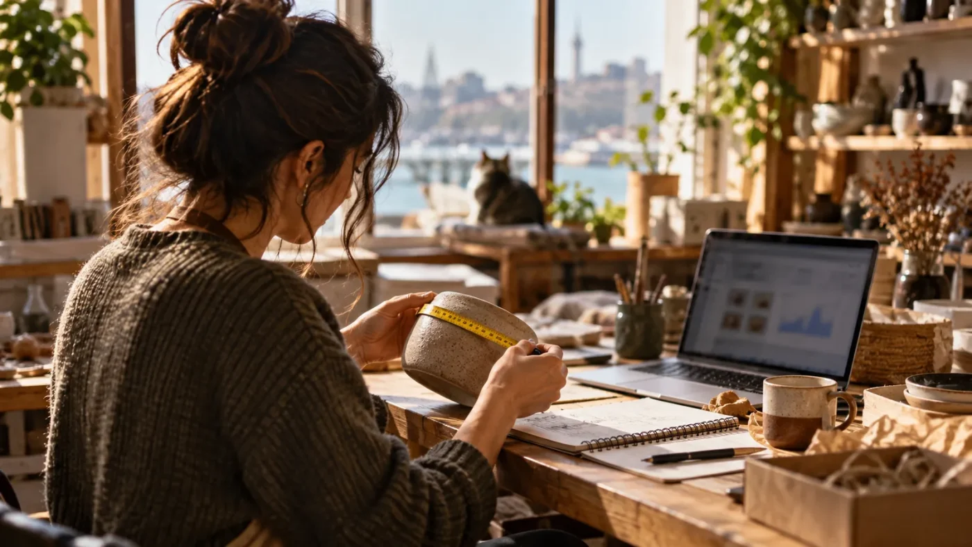 Bir satıcı elindeki ürünü ölçü bandıyla ölçüyor – Woocommerce Ürün Ayarları Hızlı Ayarlar ve İpuçları
