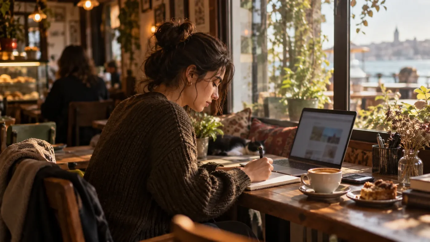 Kafe köşesinde blog yazan kadın – WordPress Nedir
