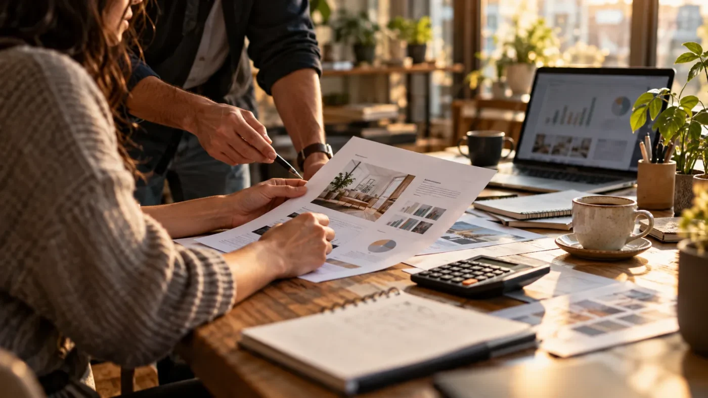 Bir ajans masasında teklif dosyası, hesap makinesi, kalem ve kahve – 2021 Web Tasarım Güncel Fiyatları