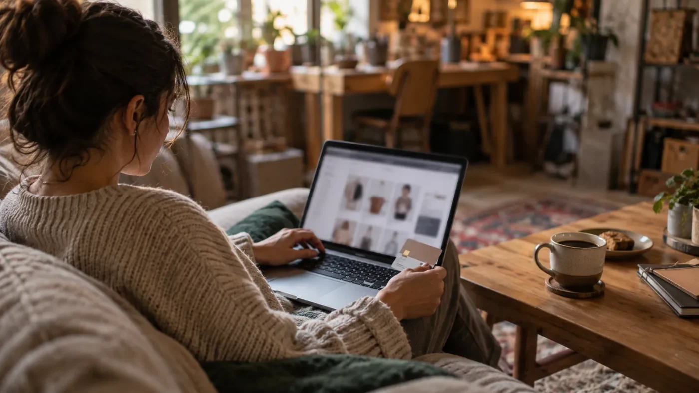 Kanepede dizüstüyle online satın alma yapan kişi – Domain Nasıl Alınır