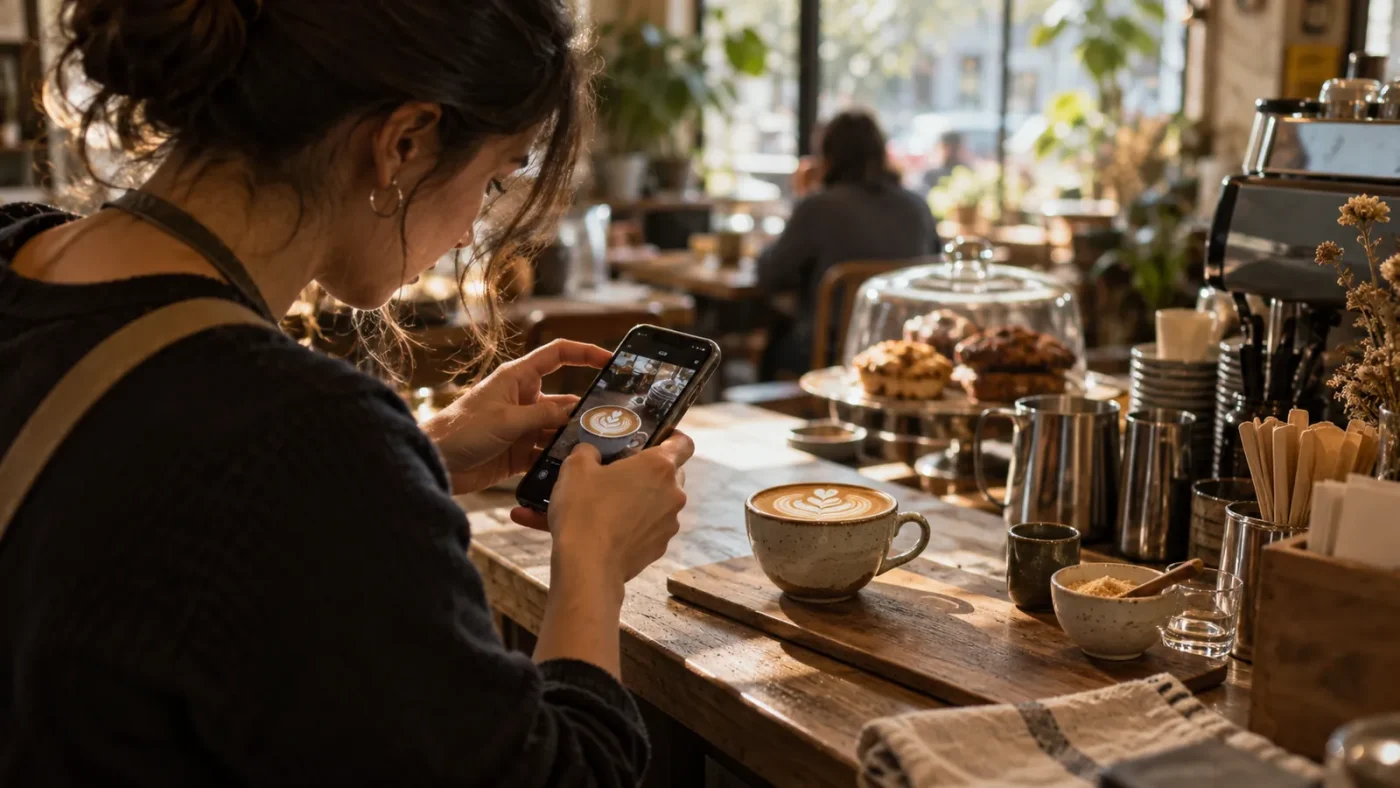 Bir kafede telefonla latte art fotoğrafı çeken barista – Fotoğrafın Sosyal Medyadaki Gücü