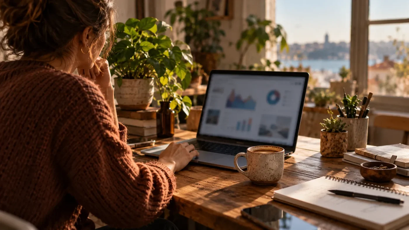 Ahşap masada ekranında bulanık grafik gösteren dizüstü, bitkiler ve kahve – Web Tasarım Nedir