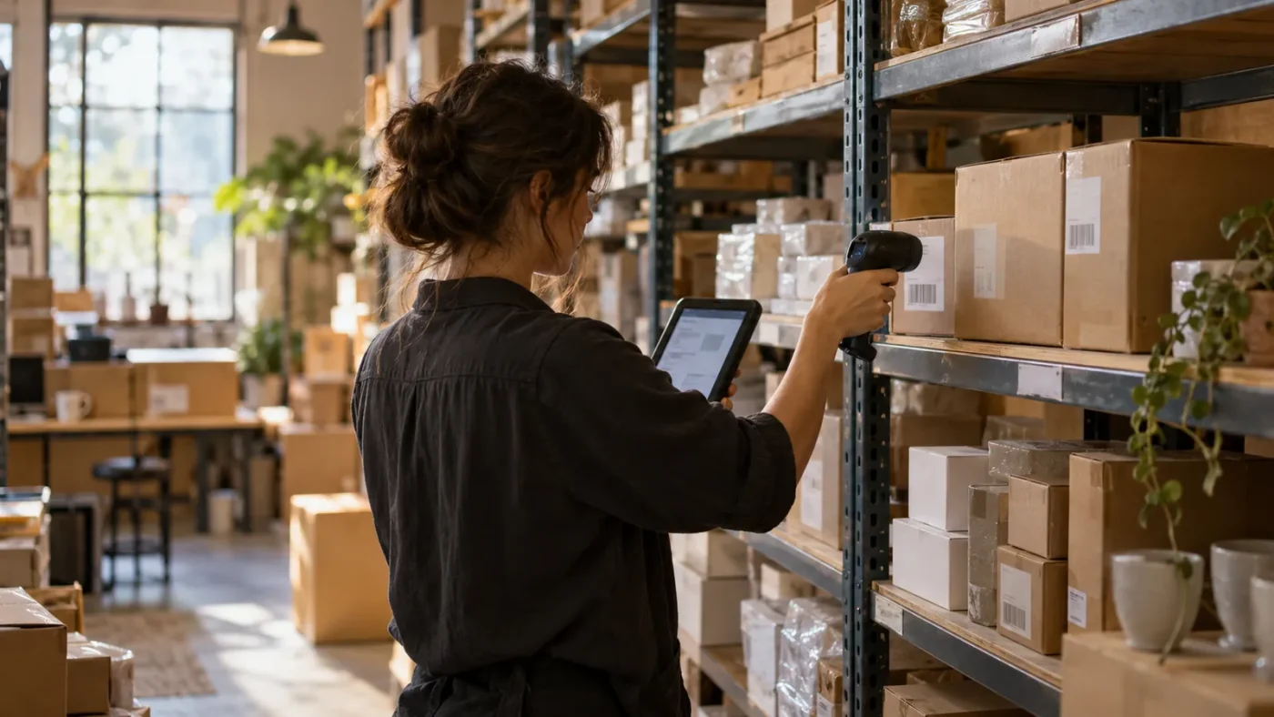 Bir depoda raflar boyunca ürün kutuları – WooCommerce Toplu Ürün Yükleme