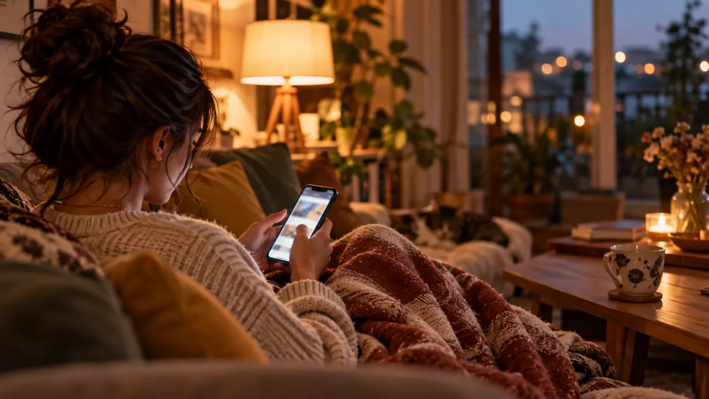 Akşam kanepede telefonda içerik kaydıran genç bir kadın – 2021 Instagram Algoritmasını Nasıl Yenebilirsiniz