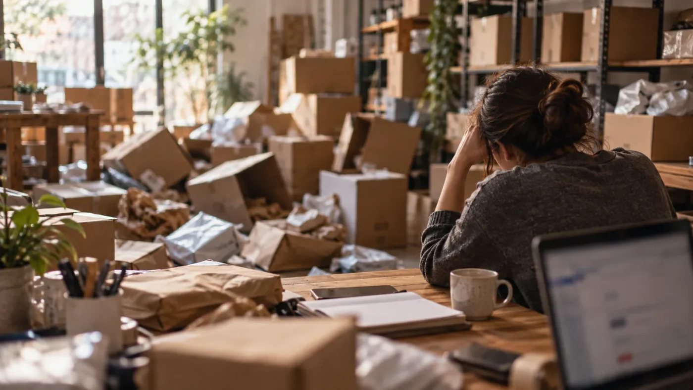 Bir depoda devrilmiş kutular ve iade paketleri yığını – Kaçınılması Gereken 7 Kritik E-Ticaret Hatası
