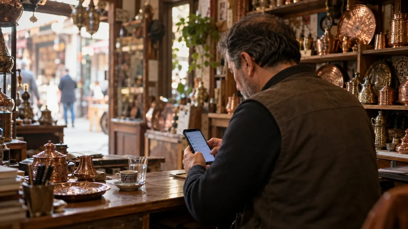 Geleneksel bir çarşı dükkânında esnaf telefonundan müşteri mesajlarına bakıyor – Dijital Pazarlama Nedir