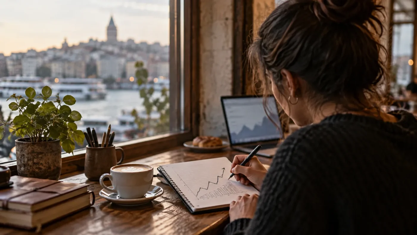 Bir kafede pencere kenarında defterine yükselen bir grafik çizen kişi – SEO Nedir