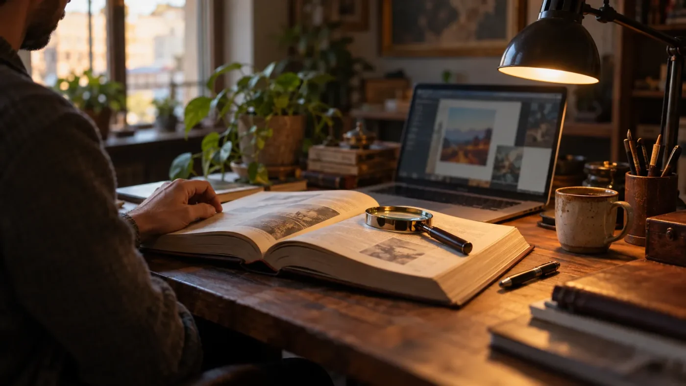 Masada açık kalın bir kitap, büyüteç, dizüstü ve kalem – SEO Terimler Sözlüğü
