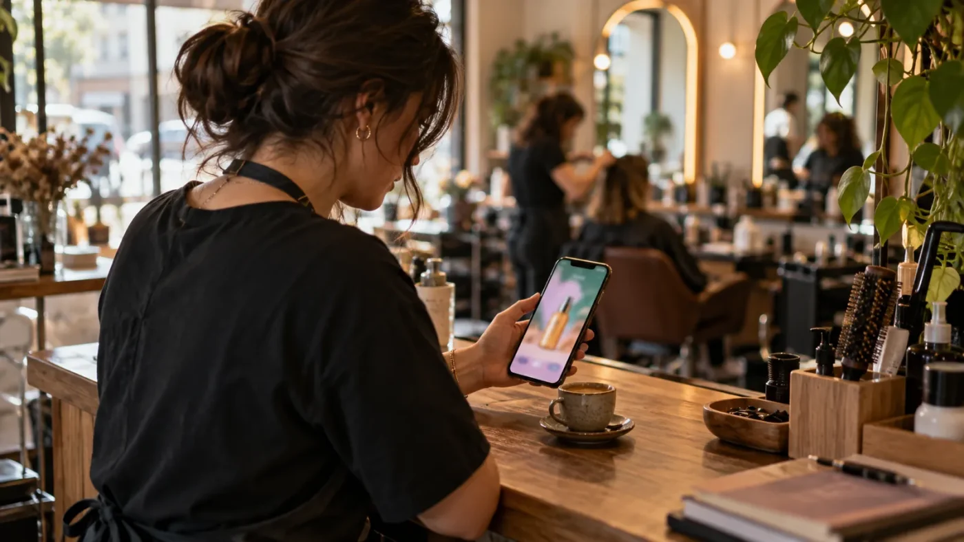 Bir kuaför salonunda salon sahibi tezgâhta telefonuna bakıyor – Instagram'da Reklam Nasıl Verilir