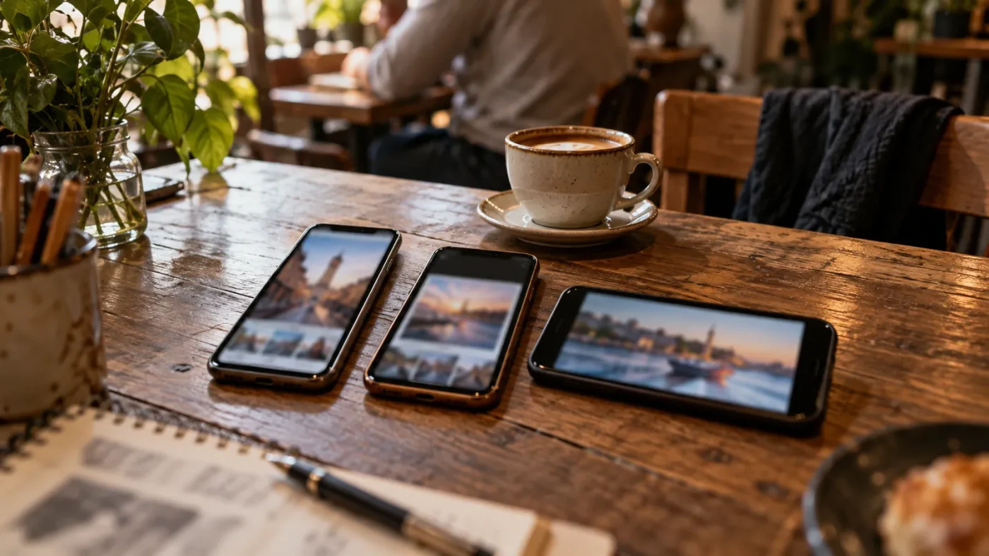 Kafe masasında yan yana üç telefon – Instagram Reklam Modelleri Nelerdir