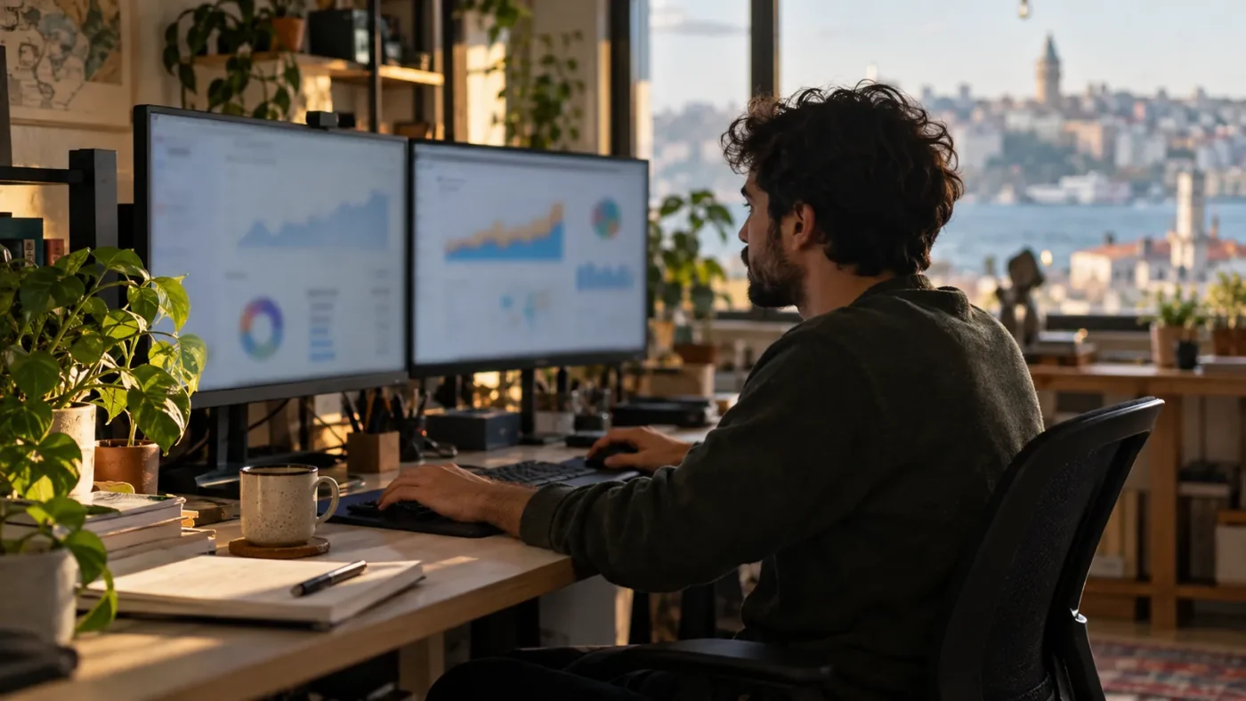 Bir SEO uzmanı iki monitörlü masada profilden görülüyor – SEO Uzmanı Nedir