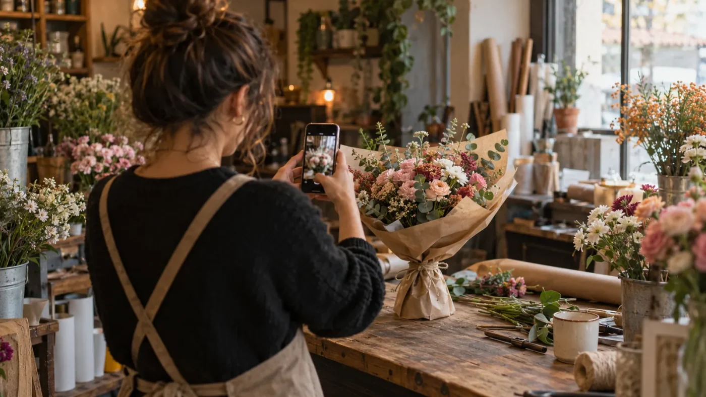 Bir çiçekçide telefonla buket fotoğrafı çeken kadın – Instagram Reklam Verme Rehberi