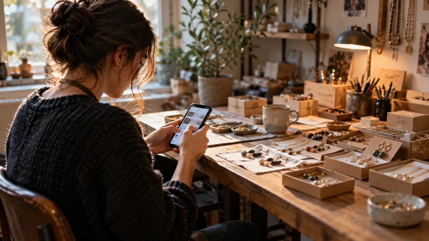 El yapımı takı satıcısı atölye masasında telefonla mesaj yazıyor – WooCommerce'de Paylaşılabilir Ödeme Linki Oluşturma