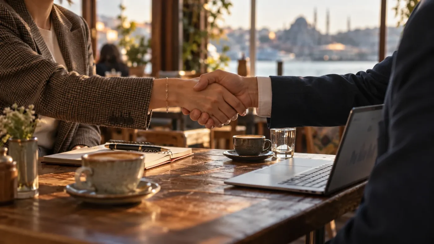 Bir kafede iki iş insanı masada el sıkışıyor – Backlink Nedir, Nasıl Alınır