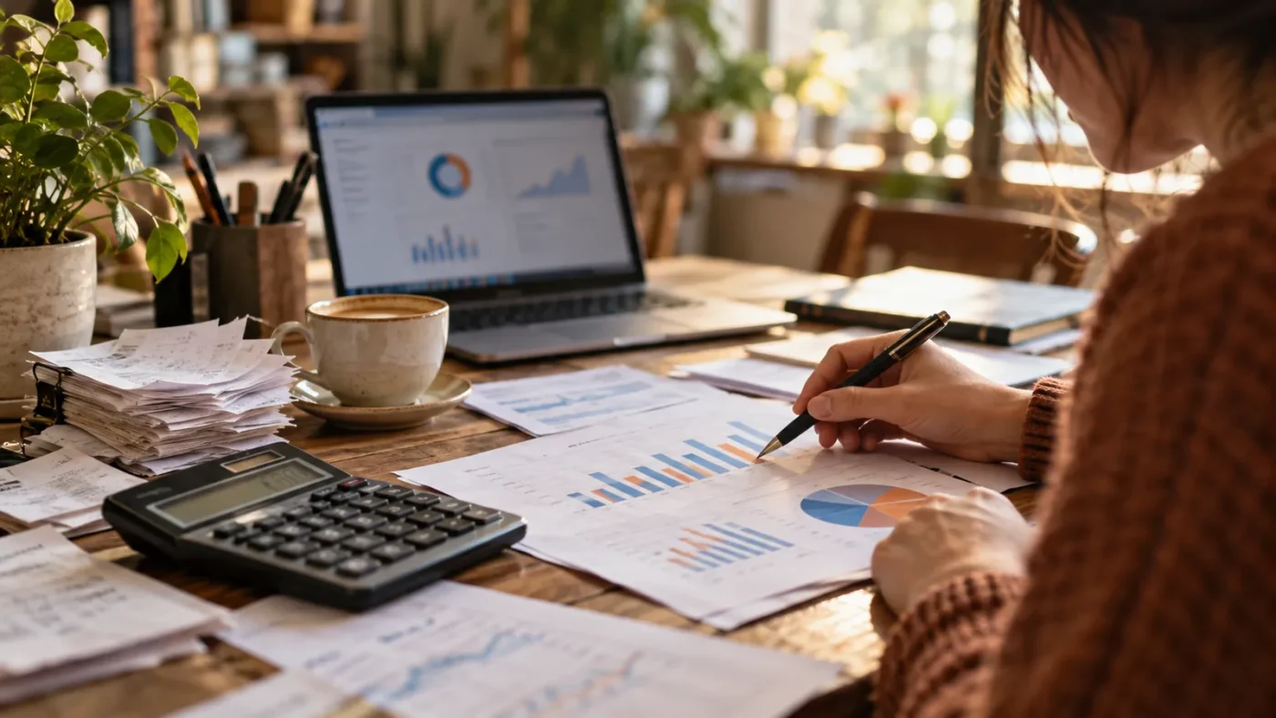 Ahşap masada hesap makinesi, faturalar ve basılı grafik çıktısı – ROI Hesaplama Aracı