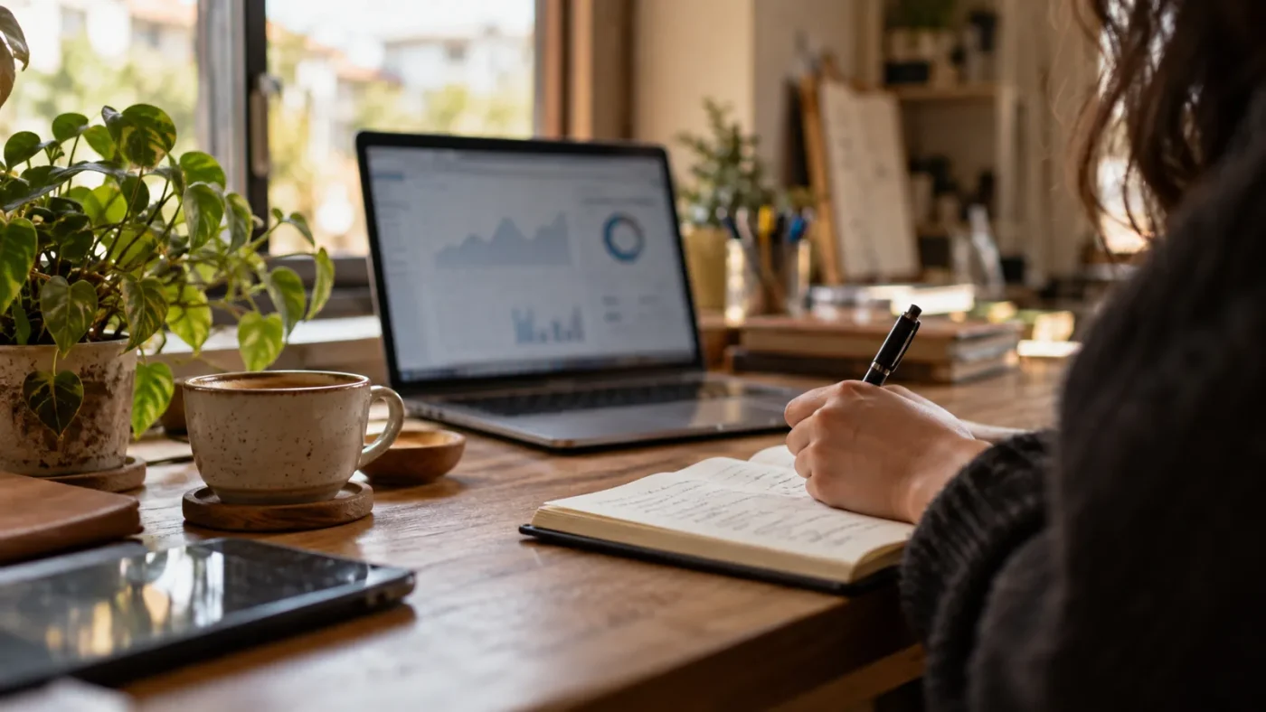 Masada kahve ve not defteri, ekranında analiz grafiği açık dizüstü – SEO Nasıl Yapılır
