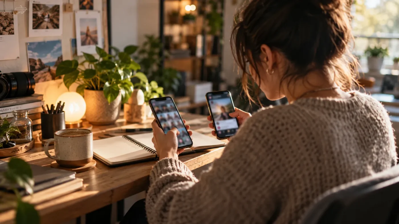 Bir sosyal medya uzmanı stüdyo masasında iki telefonu aynı anda kullanıyor – Sosyal Medya Uzmanı Nasıl Olunur, Maaşları Nedir