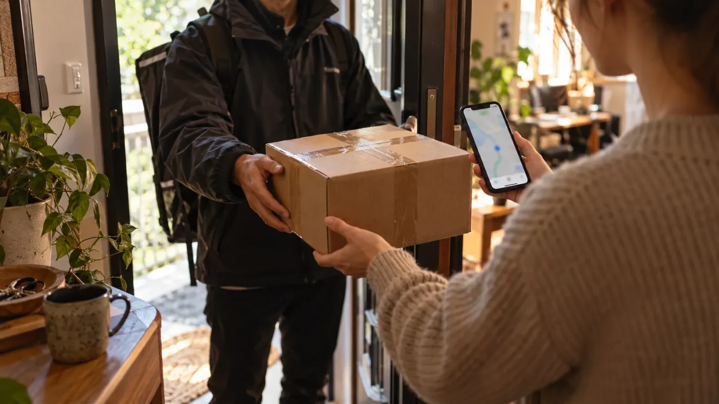 Bir apartman kapısında kurye kargo kutusunu teslim ediyor – Ücretsiz WooCommerce Kargo Takip Eklentisi
