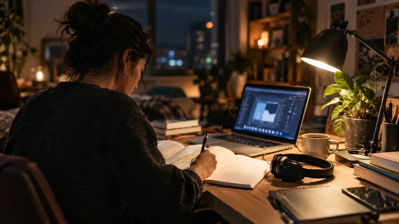 Gece bir öğrenci odasında kitaplar, dizüstü ve kulaklık – Web Tasarımı Nasıl Öğrenilir
