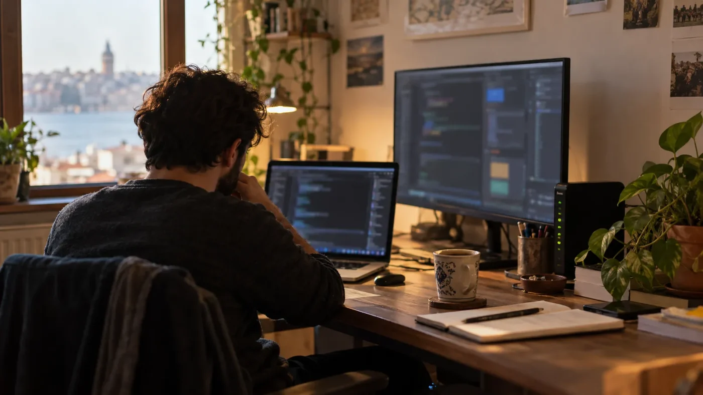 Bir geliştirici masasında dizüstüyle çalışıyor – En İyi WordPress Hosting Hangisi