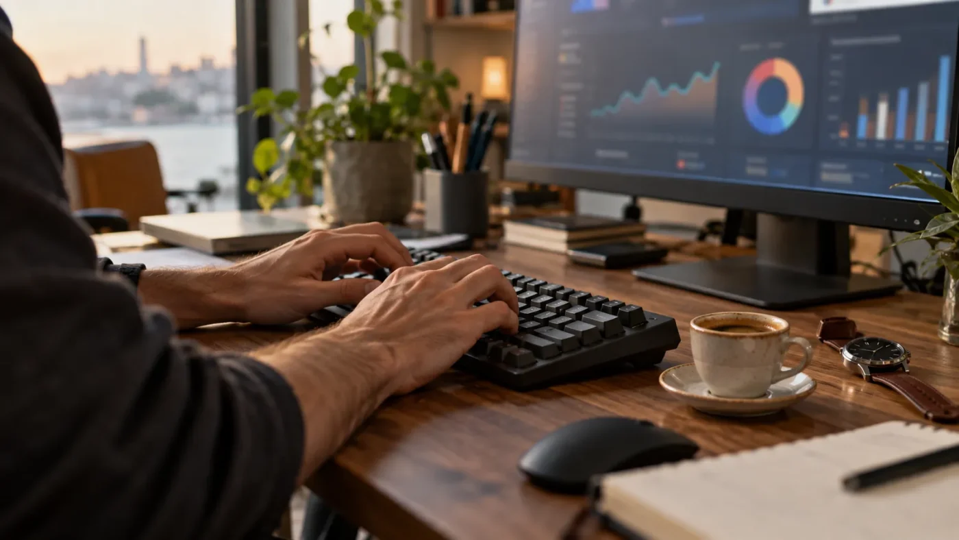 Web ajansında mekanik klavyede hızla yazan eller, monitörde bulanık hız/performans grafikleri – Flatsome 4.0