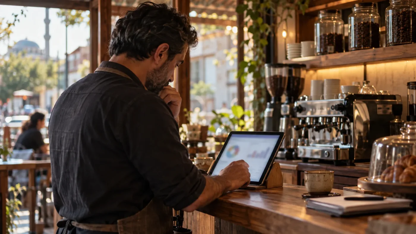 Bir kafe sahibi tezgâhta tabletinde bulanık kampanya grafiklerine bakıyor – Google Ads 2026