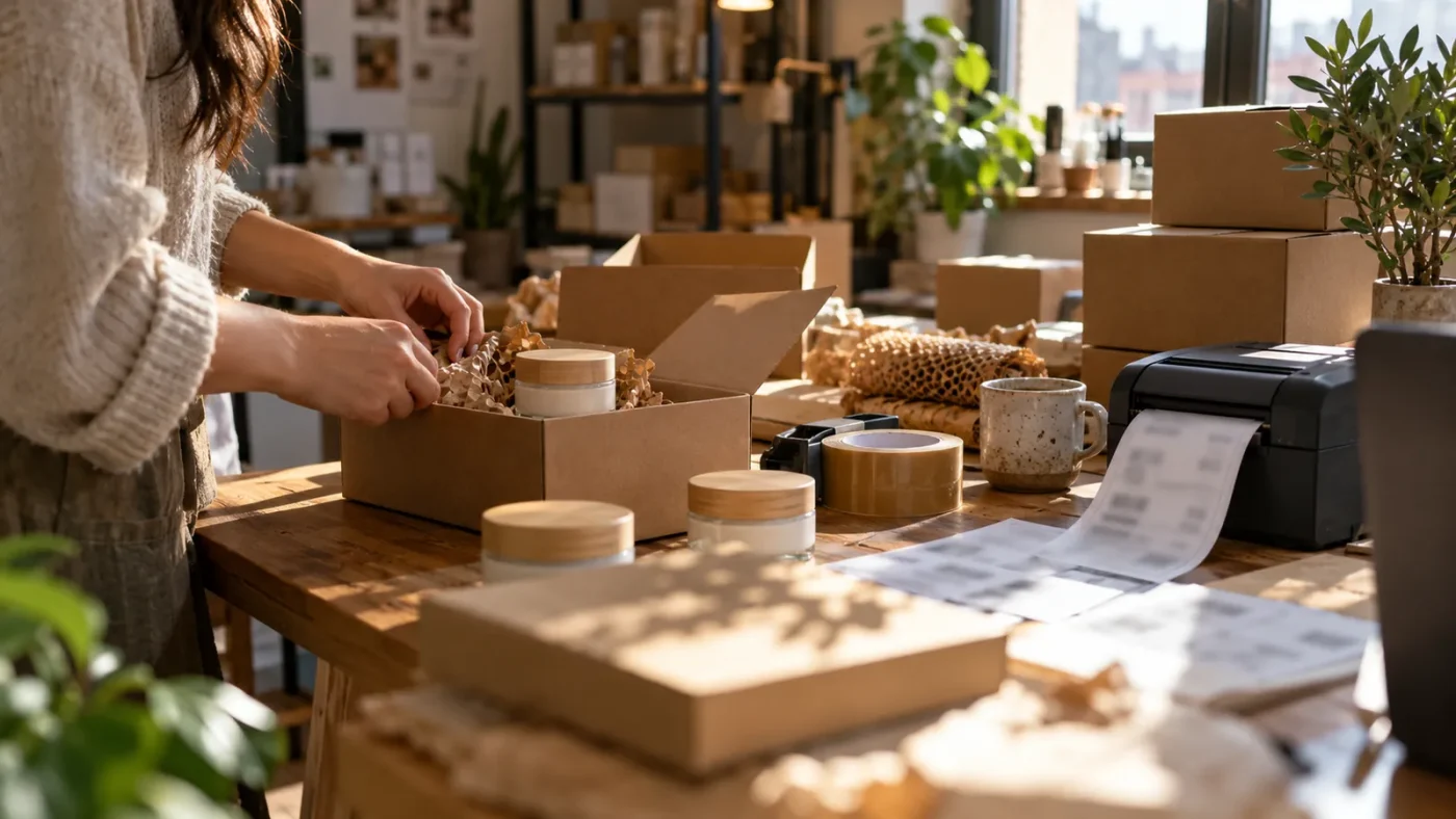 Küçük bir kozmetik markasının paketleme masası – WooCommerce Sipariş Dışa Aktarma