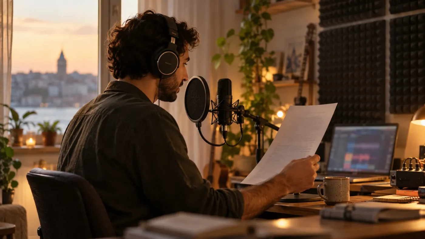 Evde akustik süngerlerle kaplı bir ses kayıt köşesi – Yapay Zeka Seslendirmede Devrim