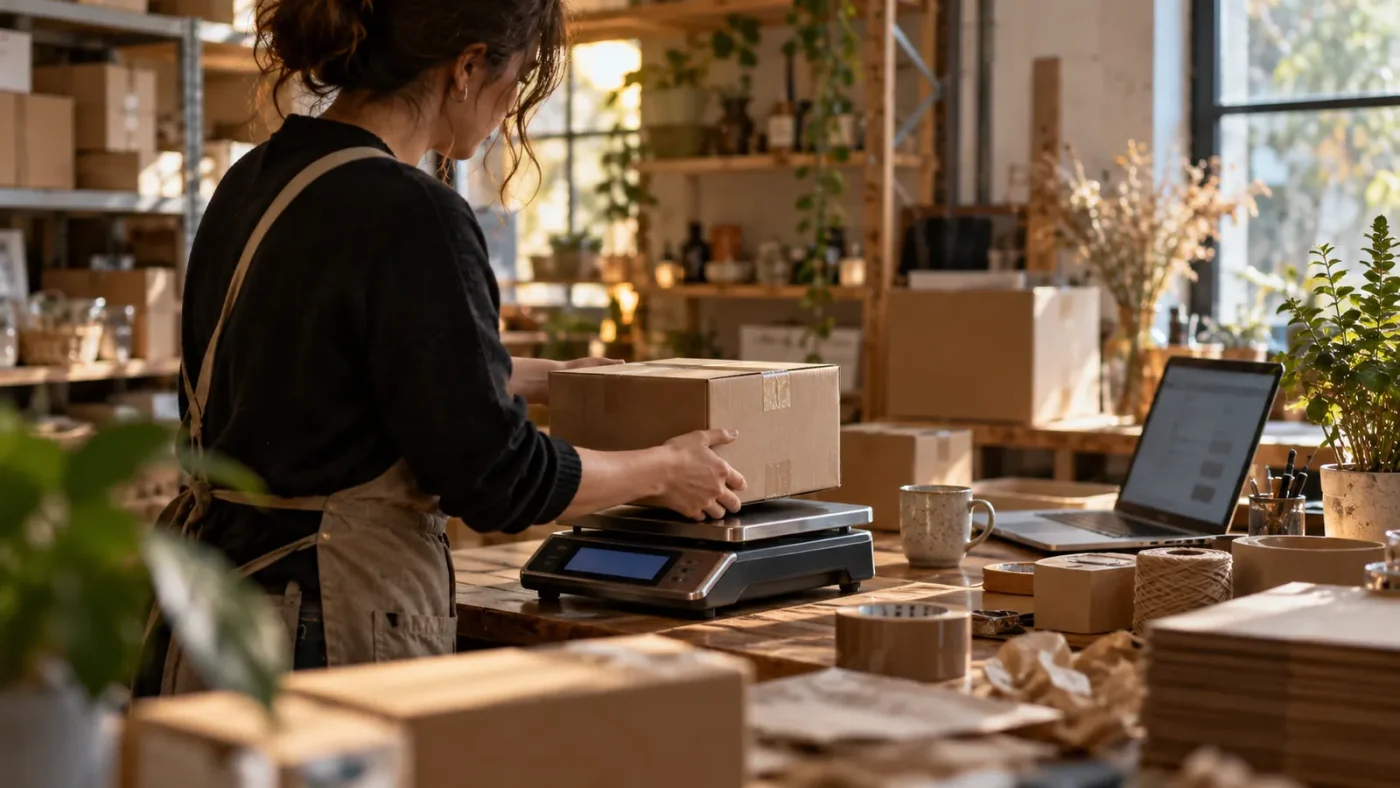 İhracat yapan küçük bir işletmenin deposunda karton koliler, koli bandı – Amazon Komisyon Hesaplama