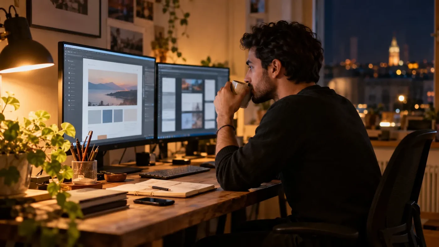 Gece bir web tasarımcısı iki monitörlü masada elinde kahve kupasıyla düşünceli şekilde profilde – Divi 5 Beta İncelemesi