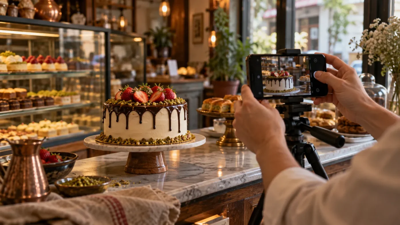Küçük bir pastanede tezgâhta duran pasta, tripoda takılı telefonla video çeken pastacının eller – Google Gemini ile Sıfır Maliyetle Reklam Videosu Hazırlama Rehberi