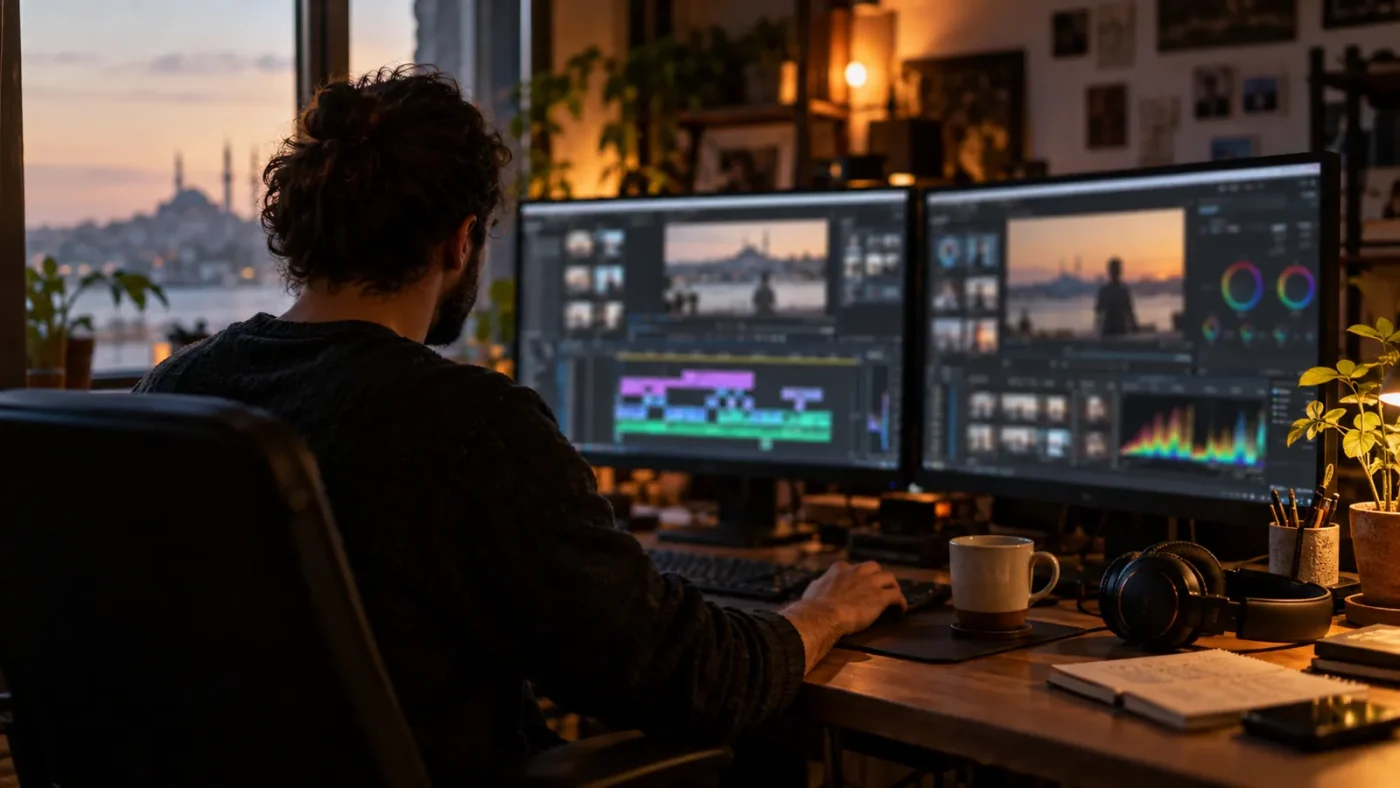 Karanlık bir kurgu odasında video editörünün omzu üstünden görüntü – Kling AI ile Şablonlardan Profesyonel Video Üretimi
