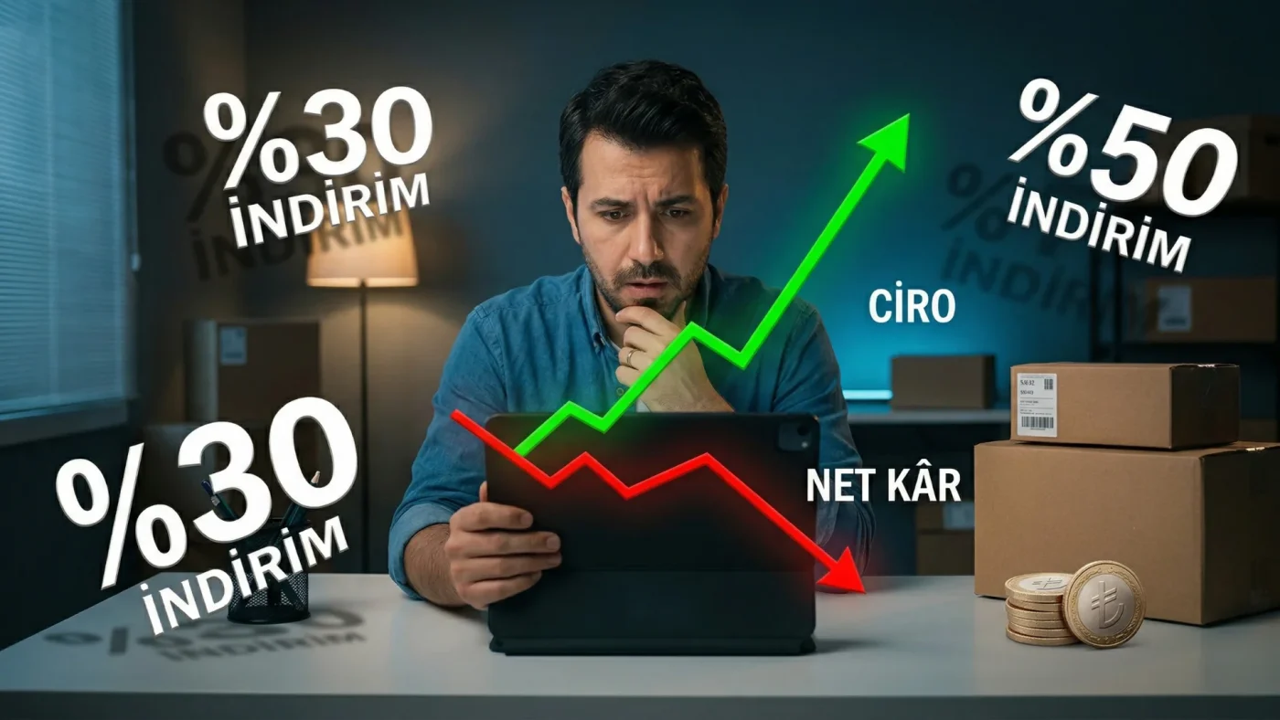 E-ticaret işletme sahibinin yüzündeki endişeli ifade, yükselen ciro grafiğinin (green line: CIRO) aksine düşen net kârı (red line: NET KÂR) gösteriyor. Arka plandaki devasa "%30 İNDİRİM" ve "%50 İNDİRİM" yazıları, bu durumun temel sebebini vurguluyor.