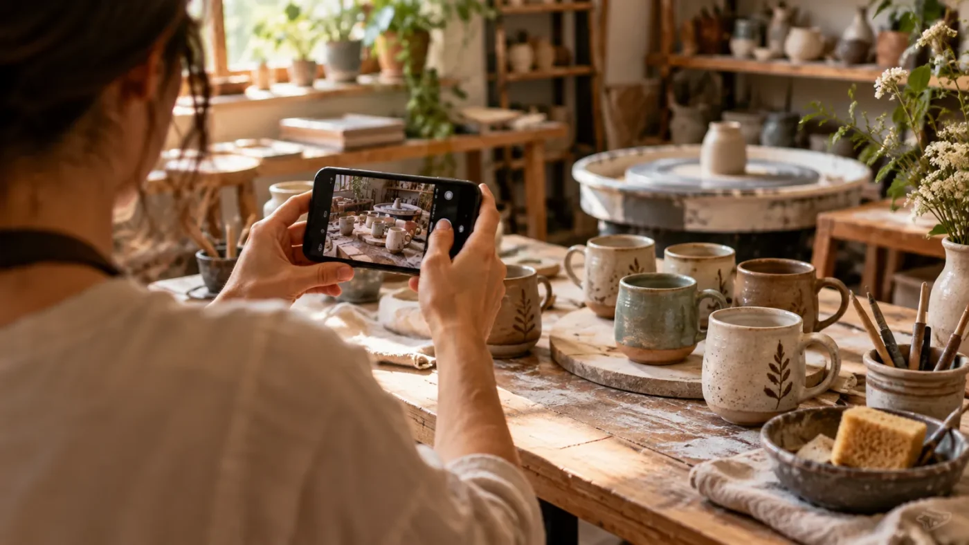 Seramik atölyesinde el yapımı kupaları telefonla fotoğraflayan eller – Yapay Zeka ile Anında Ürün Görselleri Oluşturma Rehberi