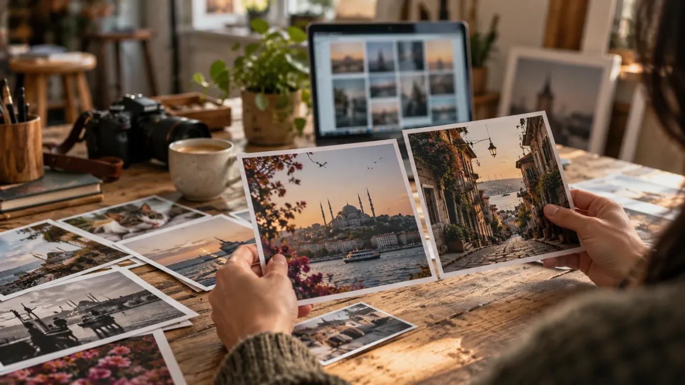 Bir fotoğraf stüdyosunda ahşap masaya serilmiş basılı fotoğraf çıktıları – ChatGPT İle Görsel Üretme