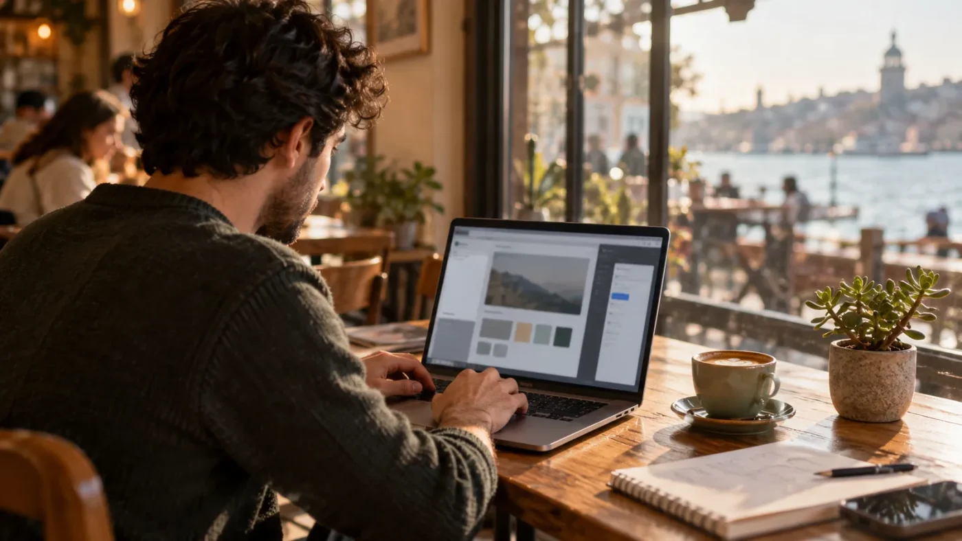 Sabah bir kafede pencere kenarında dizüstüyle çalışan web geliştirici – WordPress 7.0 ve Yapay Zeka