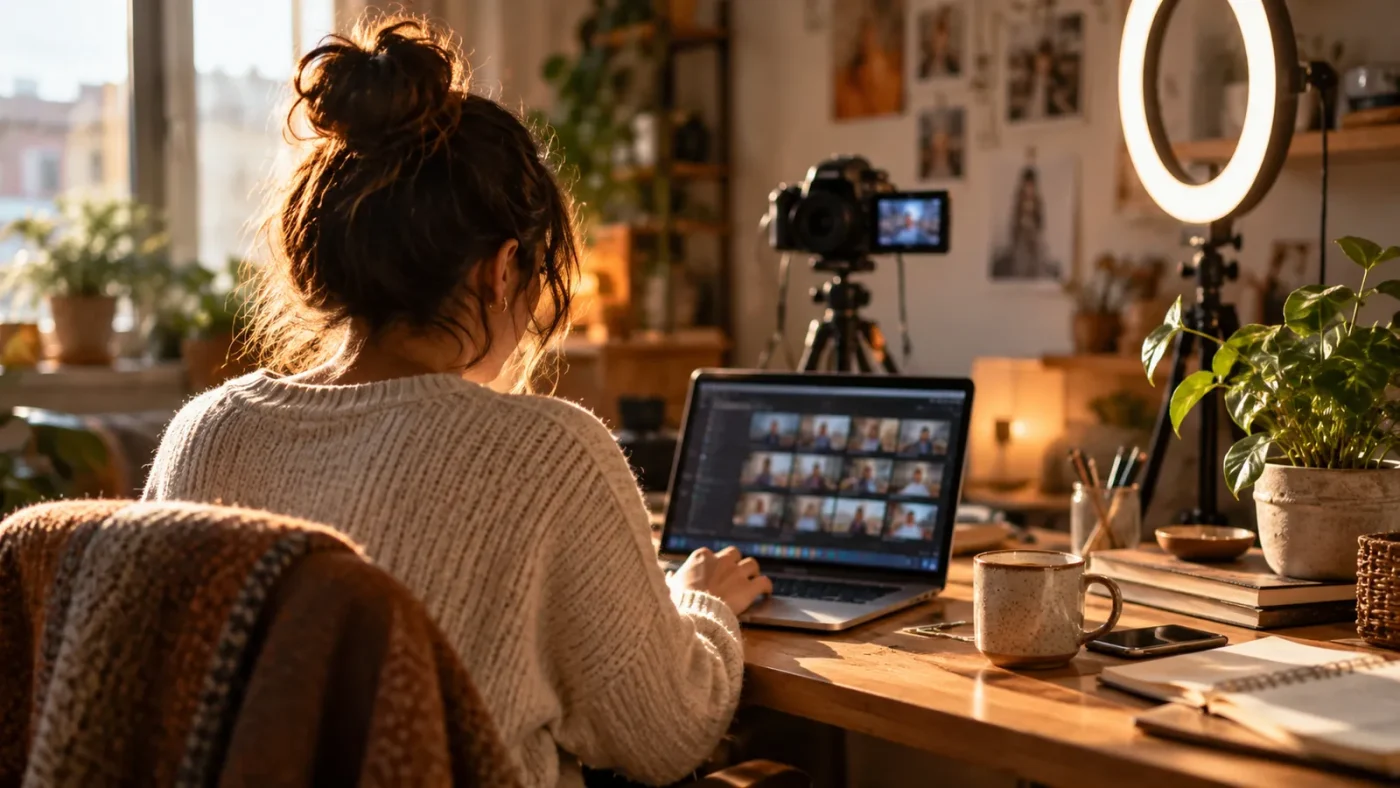 Evde küçük bir video çekim köşesi: halka ışık, tripod üzerinde kamera – ChatGPT ile YouTube Thumbnail Yapımı