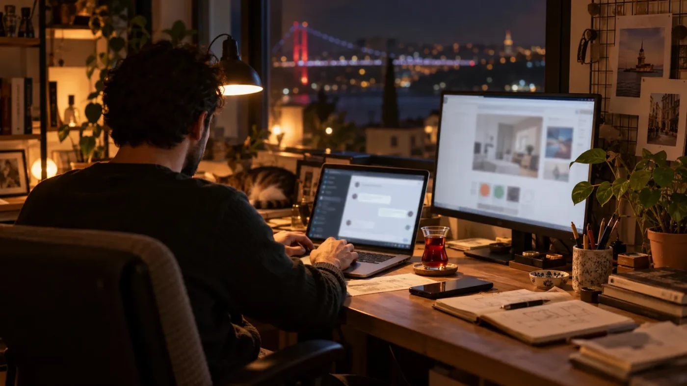 Gece ev ofisinde masa lambası altında dizüstüyle çalışan bir kişi omuz üstünden görülüyor – Claude AI ile WordPress Tasarımı Nasıl Yapılır