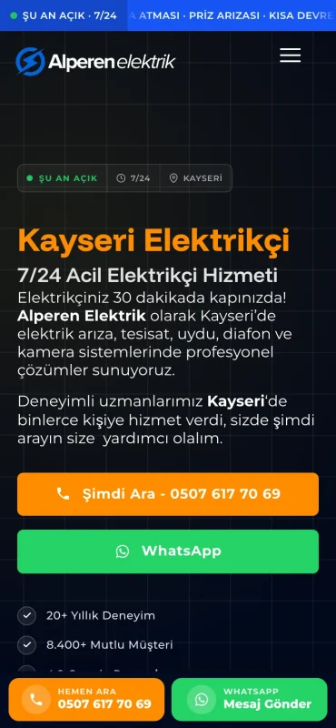 Alperen Elektrik mobil görünüm – A2A Dijital